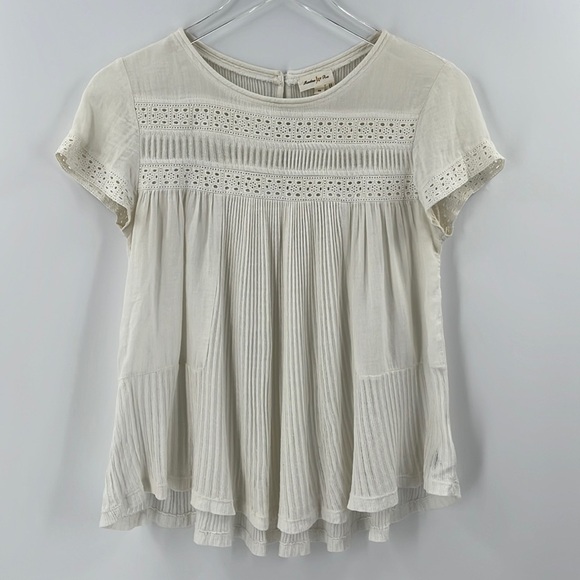ANTHROPOLOGIE Meadow Rue Galicia Top White Eyelet Lace Ribbed Keyhole  XSmall - Picture 2 of 8